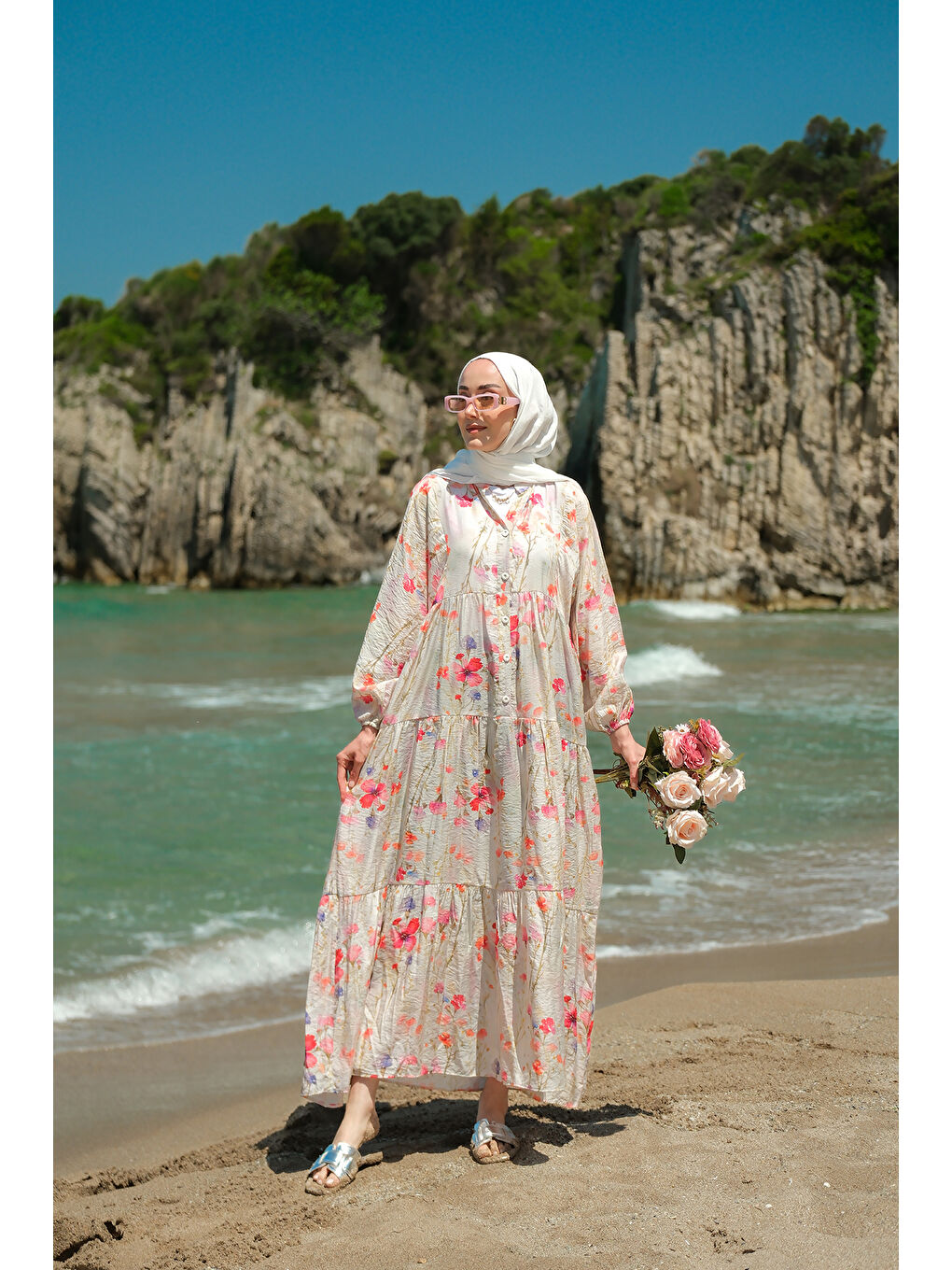 Ekru Kadın Yaprak Ve Çicek Desenli Elbise Krem-4