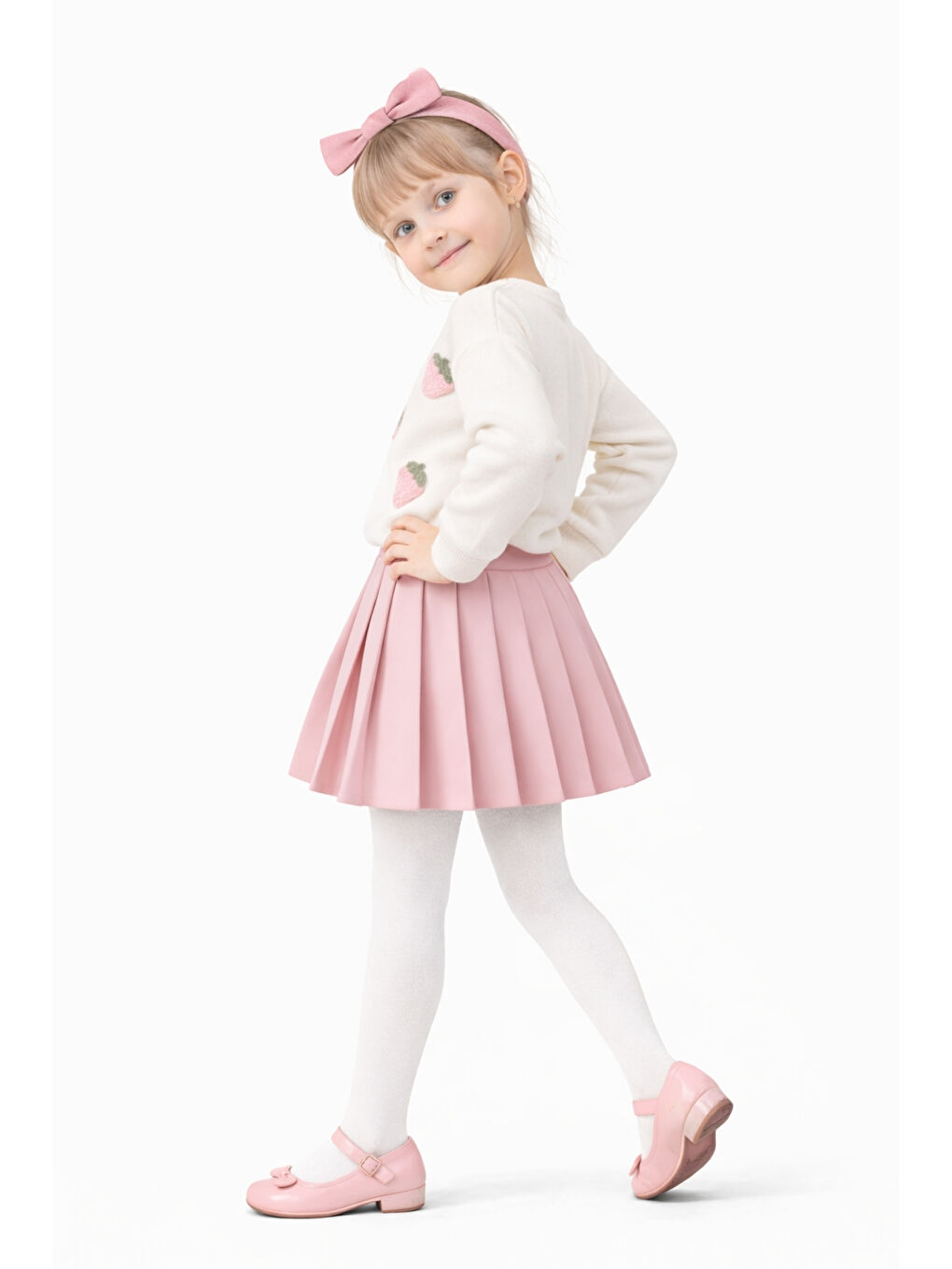 Pembe Kız Çocuk Çilek Desenli Üst Pileli Etek Kombin Ak14527-2