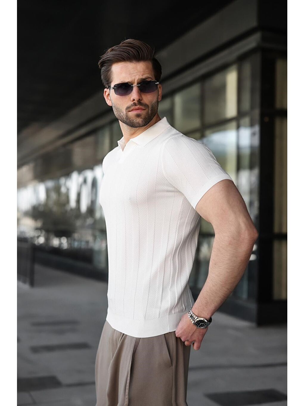 Beyaz Slim Fit Polo Yaka Triko Erkek Tişört E7491-4