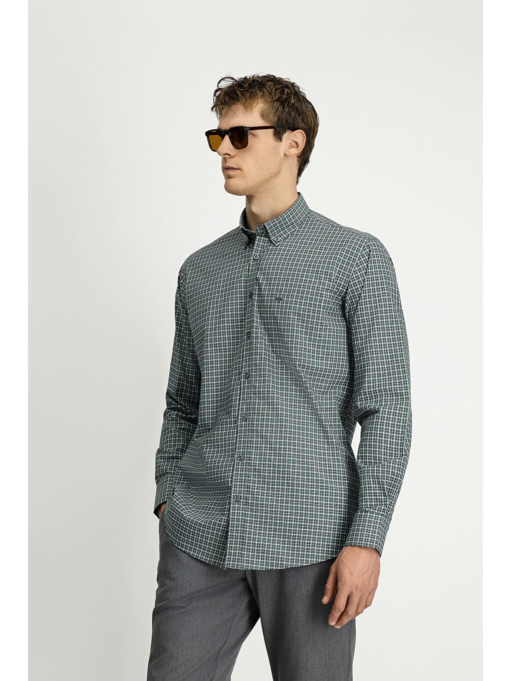 Yeşil Uzun Kol Regular Fit Ekose Düğmeli Yaka Cepli Pamuk Gömlek-4