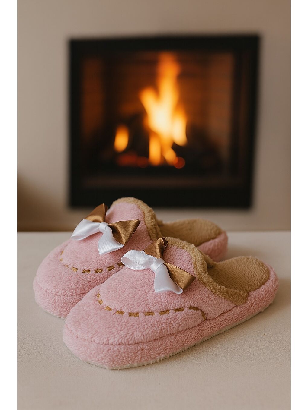 Pembe GOLDEN Fiyonklu Kapalı Kadın Ev Terliği Günlük Rahat Kışlık Terlik-2