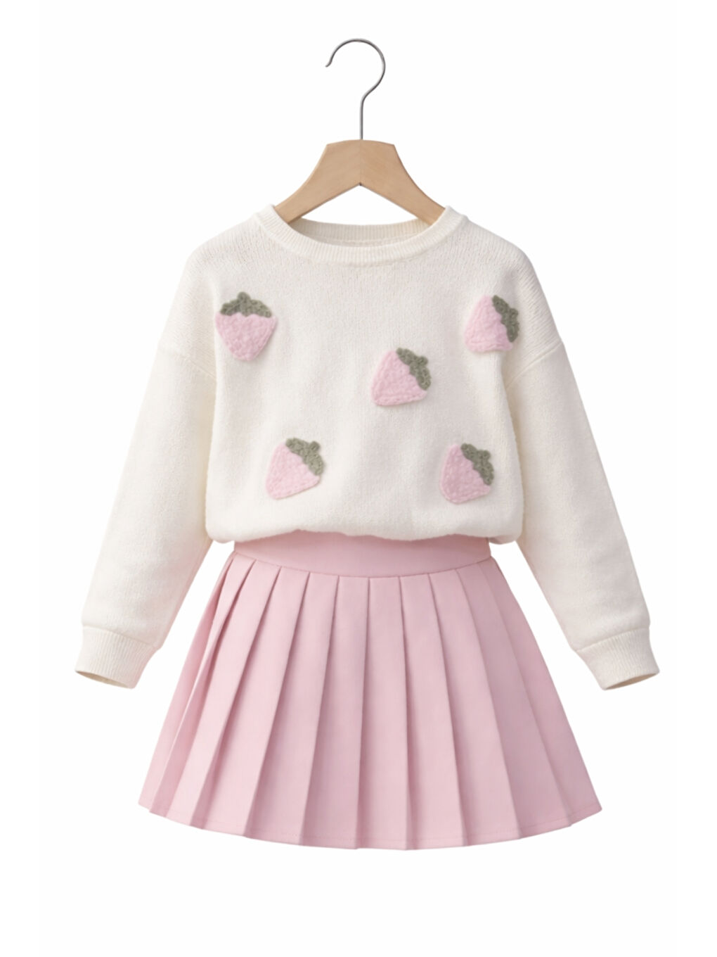 Pembe Kız Çocuk Çilek Desenli Üst Pileli Etek Kombin Ak14527-4