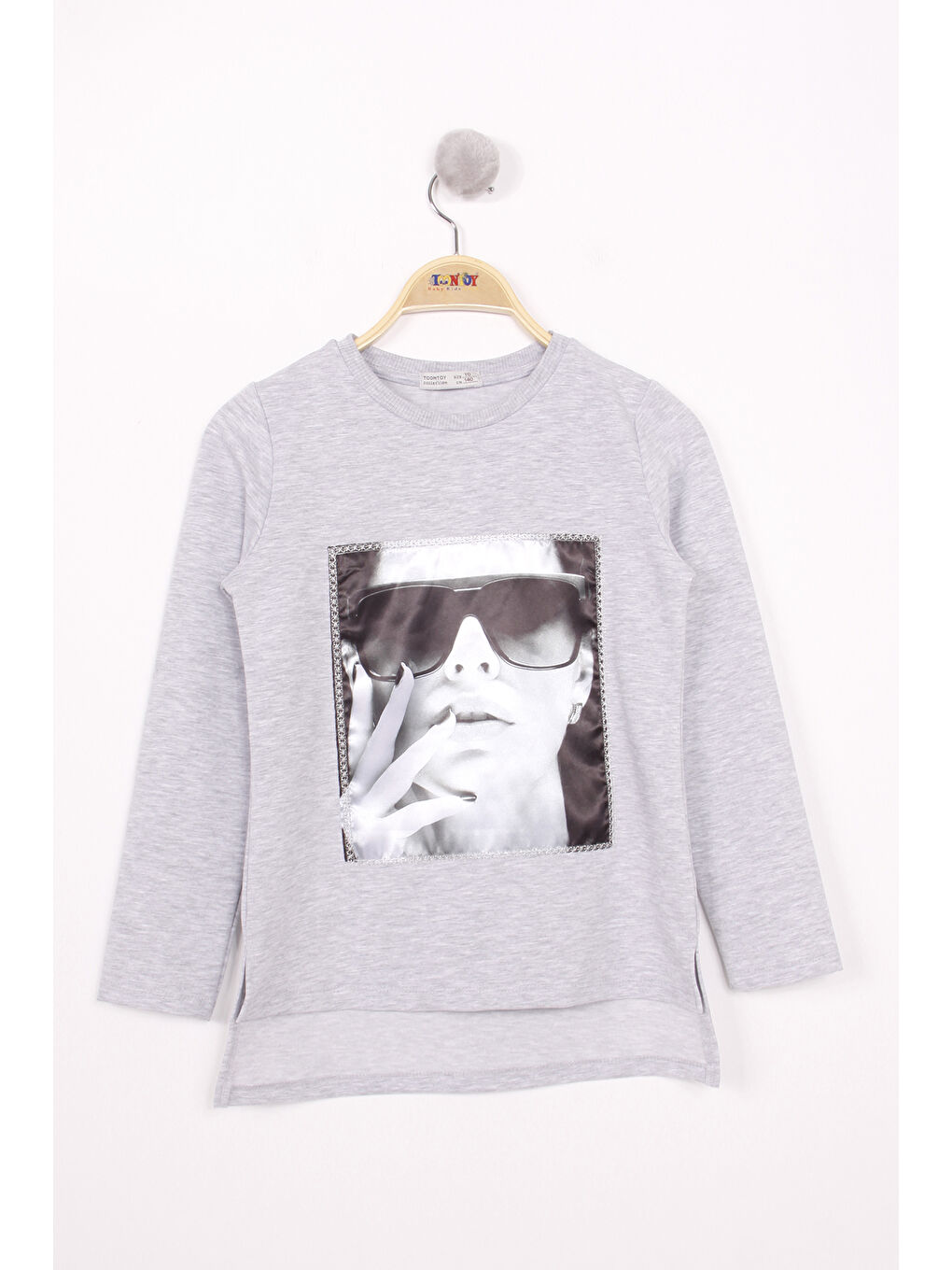 Gri Kız Çocuk Gözlüklü Kız Baskılı Sweatshirt