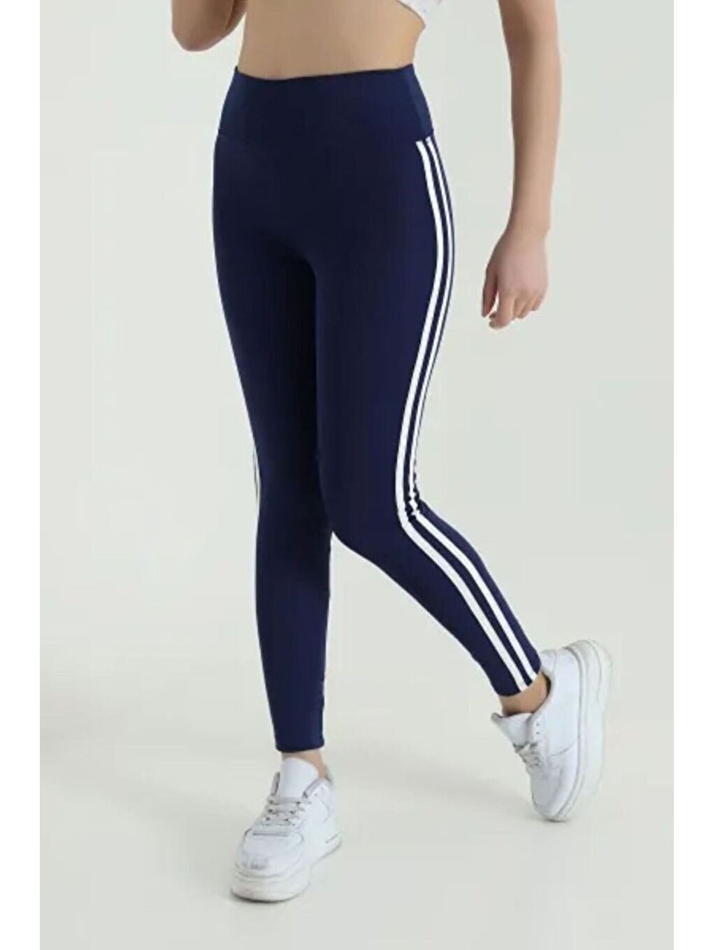 Lacivert Kadın Ekstra Yüksek Bel Şeritli Dalgıç Kumaş Esnek Spor Rahat Günlük Tayt-3