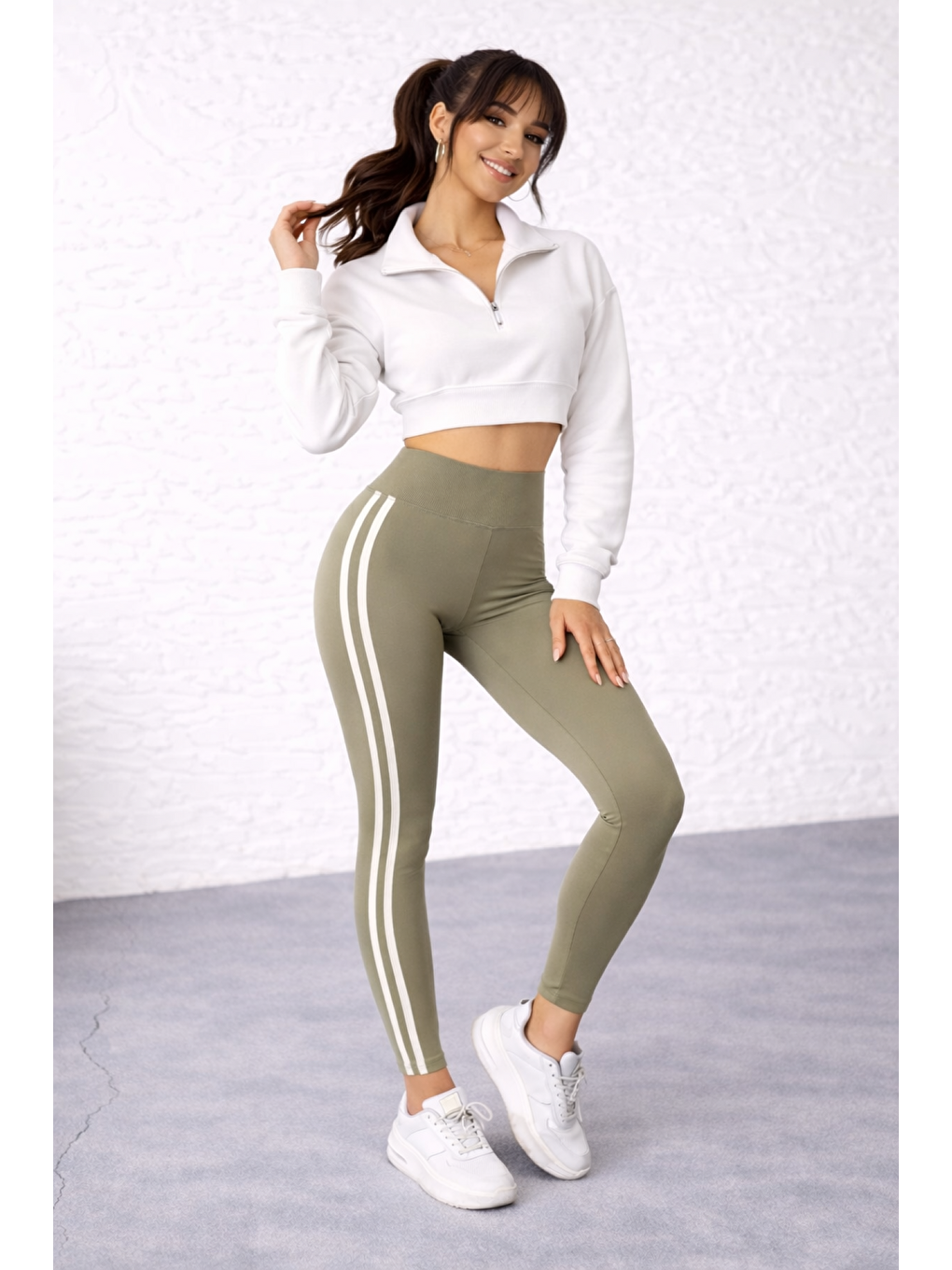 Yeşil Kadın Ekstra Yüksek Bel Şeritli Dalgıç Kumaş Esnek Spor Rahat Günlük Tayt-1