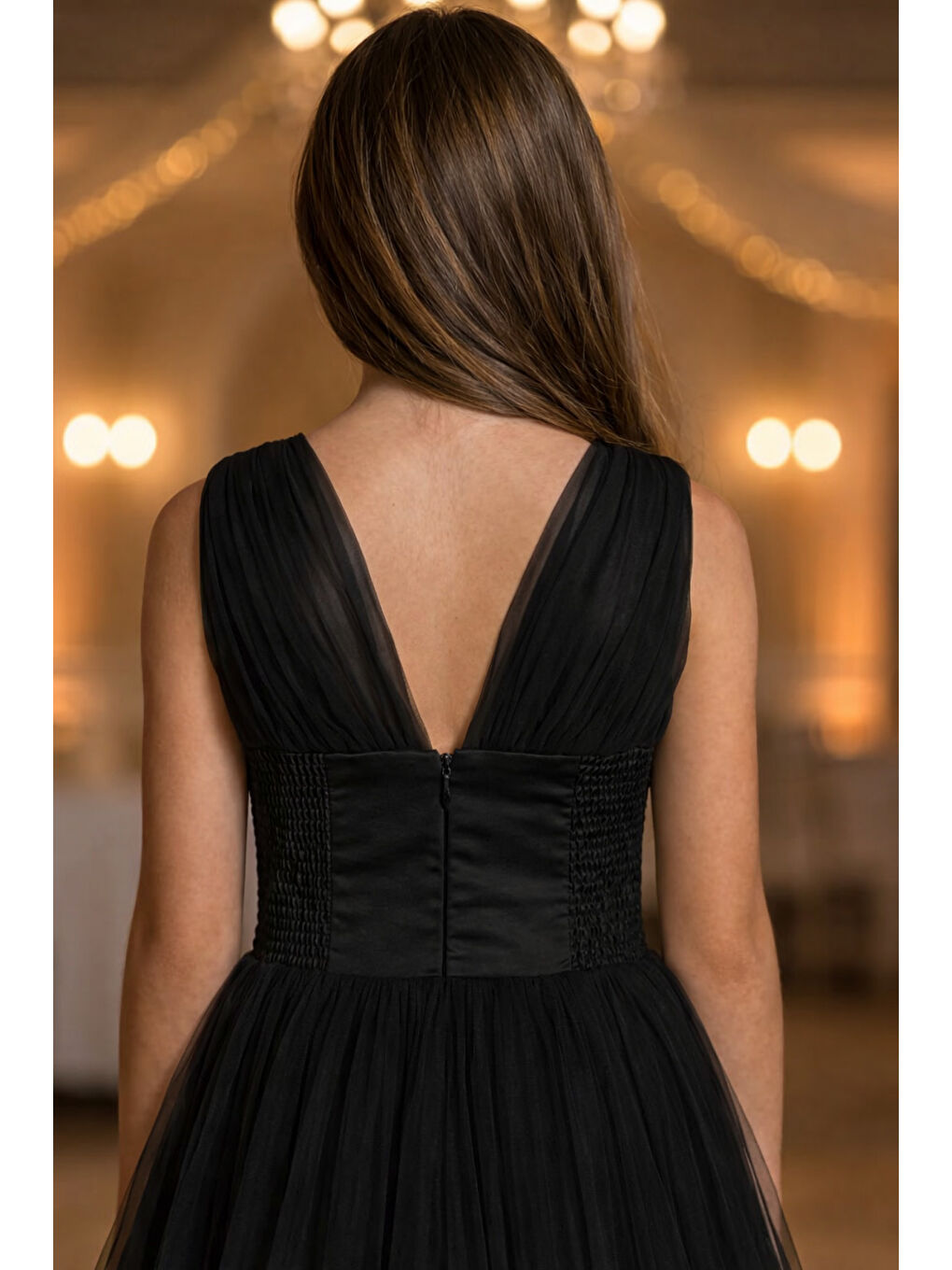 Siyah Kız Çocuk V Yaka Beli Taş İşleme Detaylı Tüllü Uzun Abiye  ABY2027-4