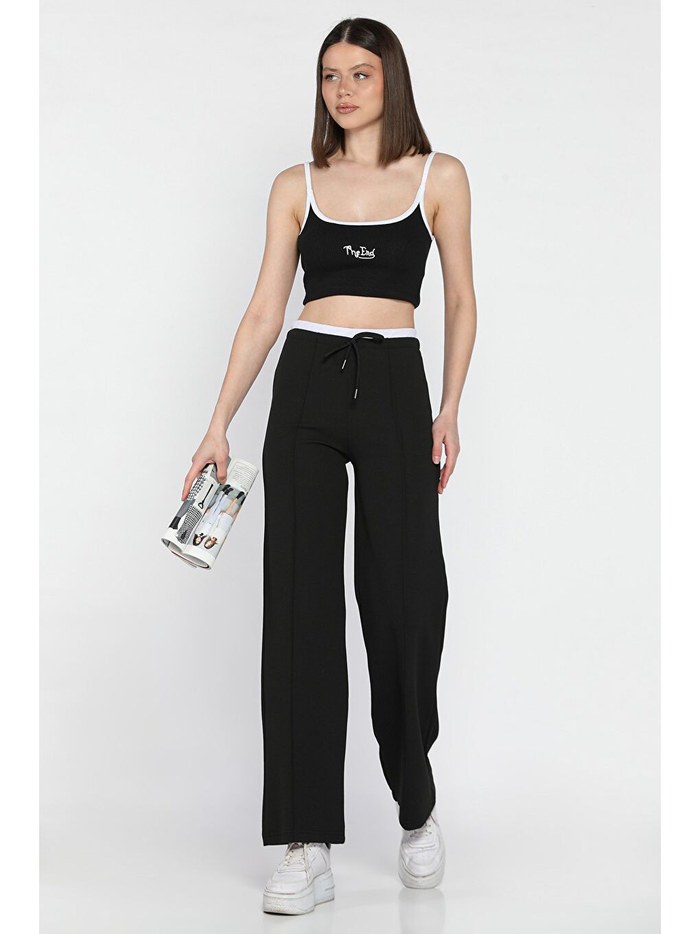 Siyah Kadın Çimalı Yüksek Bel Palazzo Pantolon