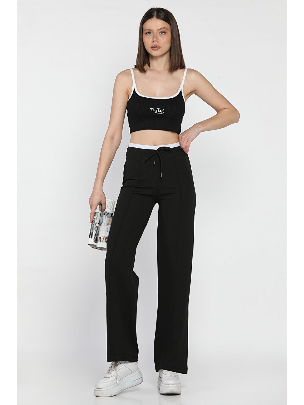 Siyah Kadın Çimalı Yüksek Bel Palazzo Pantolon-1