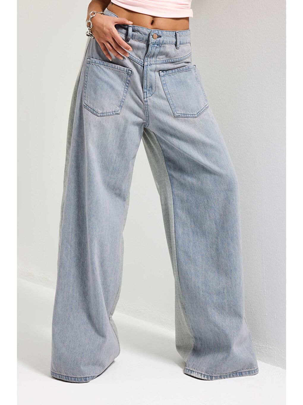 Kadın Gri Jean 2s6-89 Mega Baggy Çift Parça Önden Cepli Tasarım Denim Jean-1