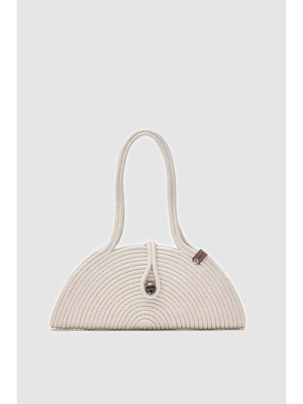 Ekru Paper Düğmeli Handmade Hasır Omuz Çantası Krem