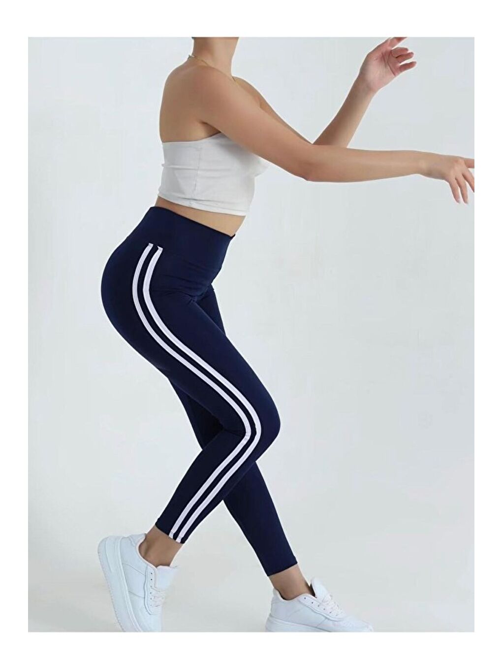 Lacivert Kadın Ekstra Yüksek Bel Şeritli Dalgıç Kumaş Esnek Spor Rahat Günlük Tayt-4