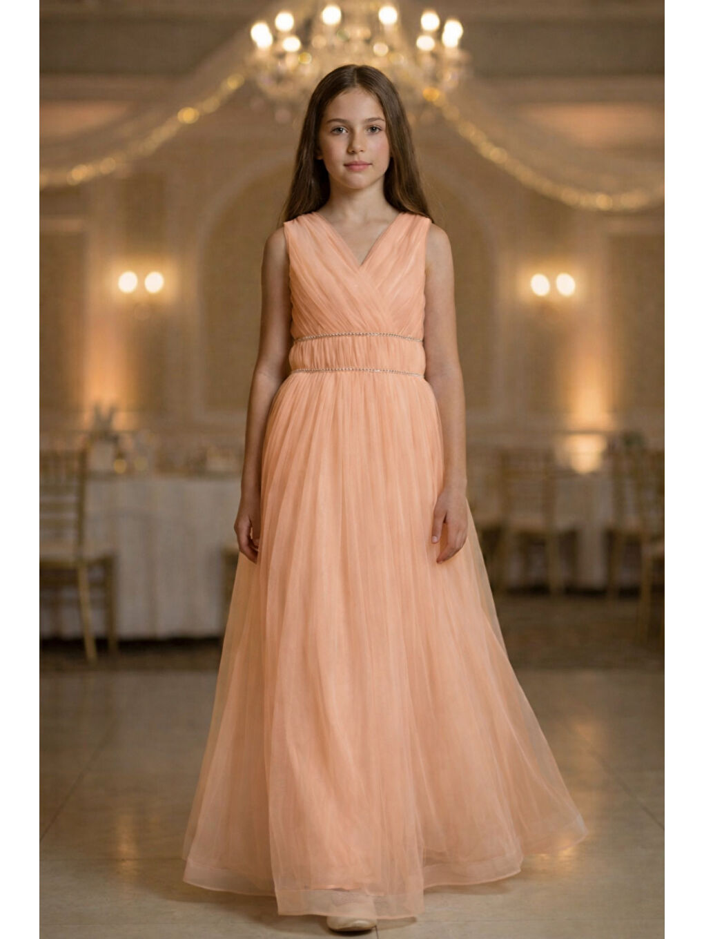 Turuncu Kız Çocuk V Yaka Beli Taş İşleme Detaylı Tüllü Uzun Abiye  ABY2027