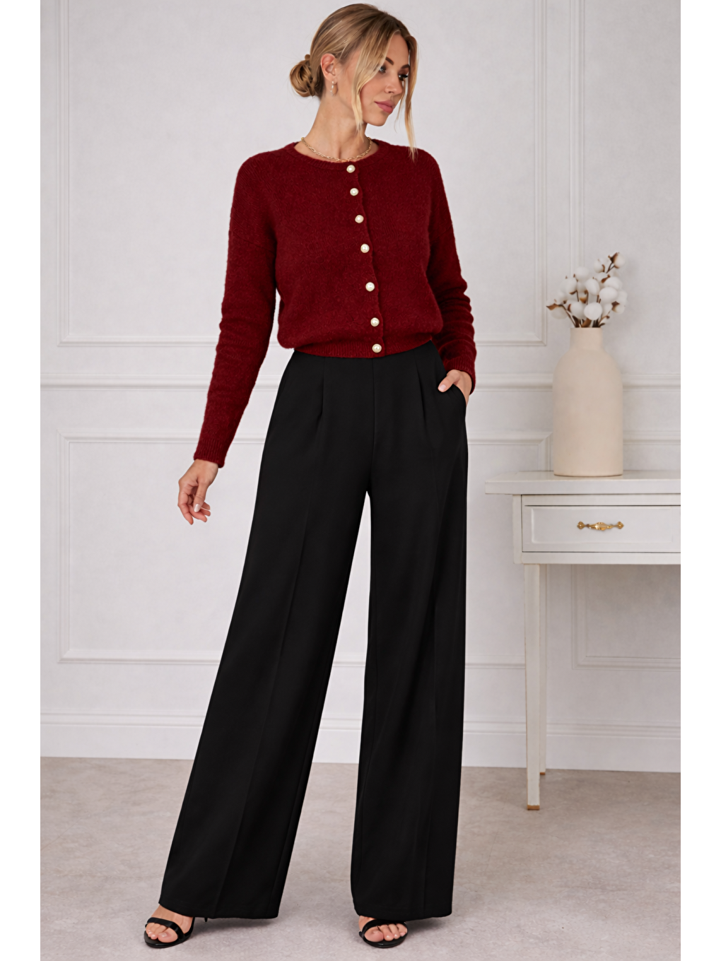 Bordo Kadın İnci Düğmeli Yumuşak Dokulu Kaliteli Triko Yumoş Hırka-1