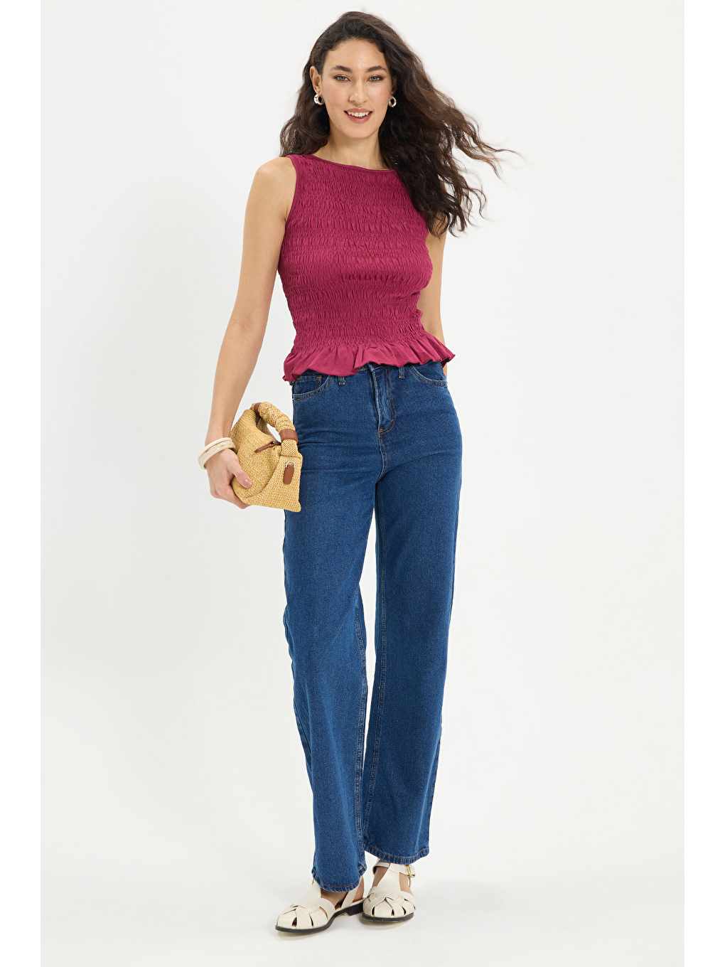 Kadın Slim Fit Dar Kesim %100 Pamuk Sıfır Kol Büzgülü Bisiklet Yaka Fuşya Bluz-1