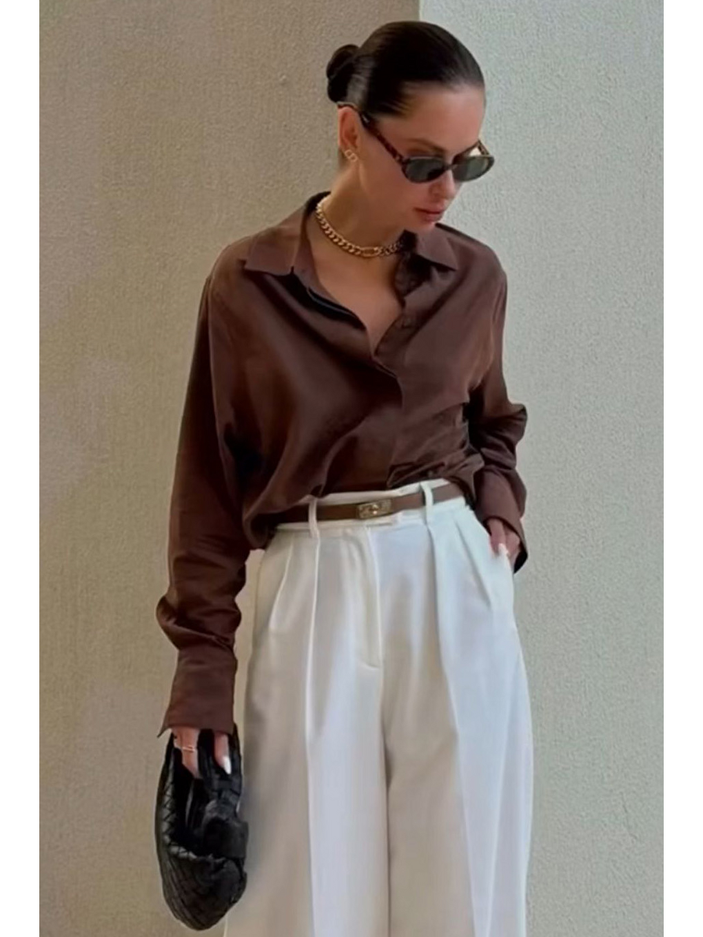 Kahverengi Gizli Düğmeli Kadın Saten Gömlek Mg2675