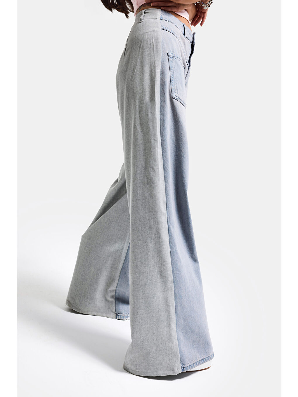 Kadın Gri Jean 2s6-89 Mega Baggy Çift Parça Önden Cepli Tasarım Denim Jean-3