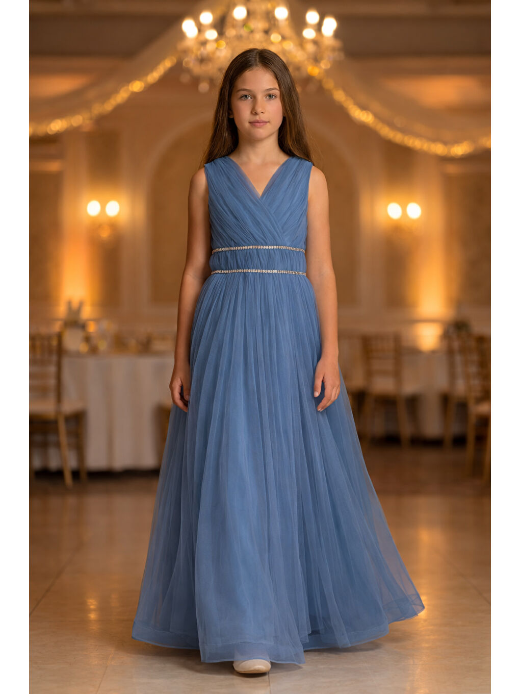 Mavi Kız Çocuk V Yaka Beli Taş İşleme Detaylı Tüllü Uzun Abiye  ABY2027-1