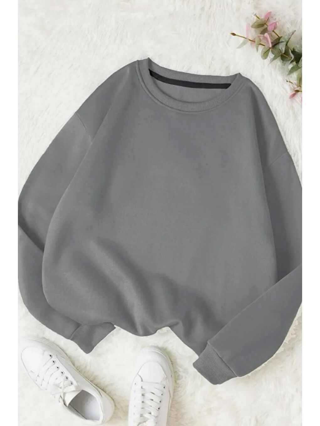 Kadın Bisiklet Yaka Oversize Sweatshirt Gri - 26567