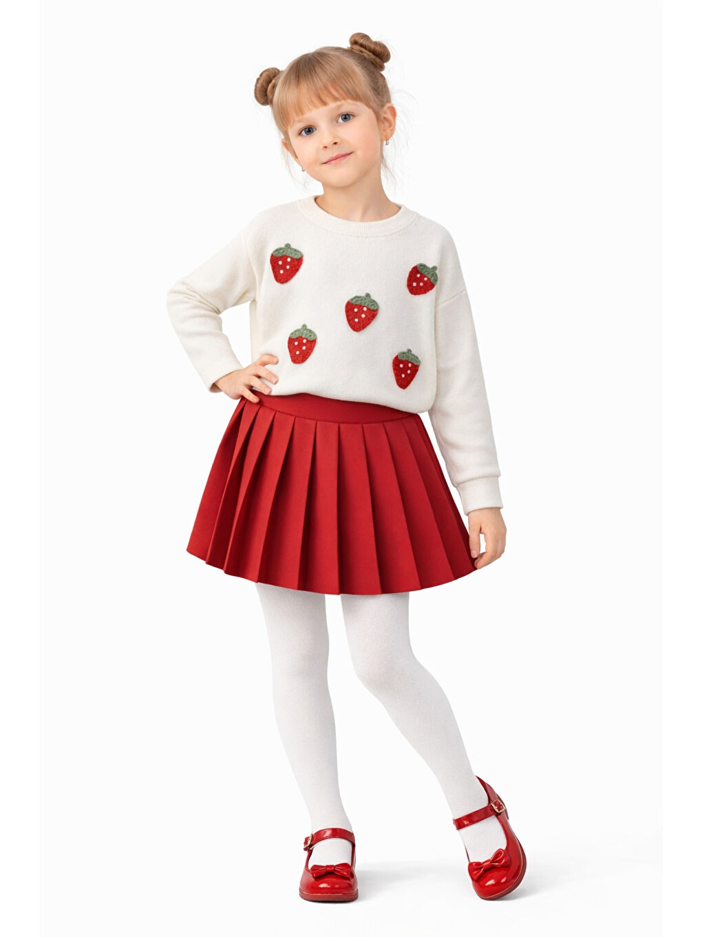 Kırmızı Kız Çocuk Çilek Desenli Üst Pileli Etek Kombin Ak14527