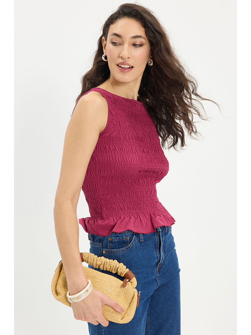 Kadın Slim Fit Dar Kesim %100 Pamuk Sıfır Kol Büzgülü Bisiklet Yaka Fuşya Bluz-2