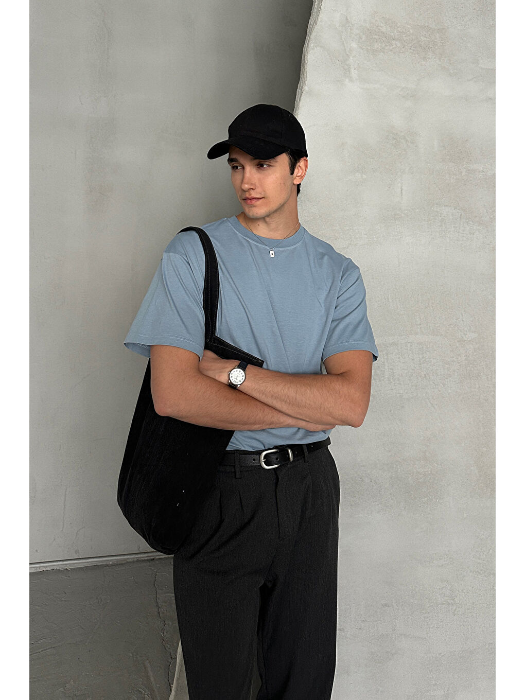 Mavi Erkek %100 Pamuk Oversize Basic T-shirt-2