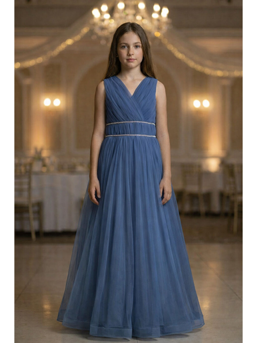 Mavi Kız Çocuk V Yaka Beli Taş İşleme Detaylı Tüllü Uzun Abiye  ABY2027-2