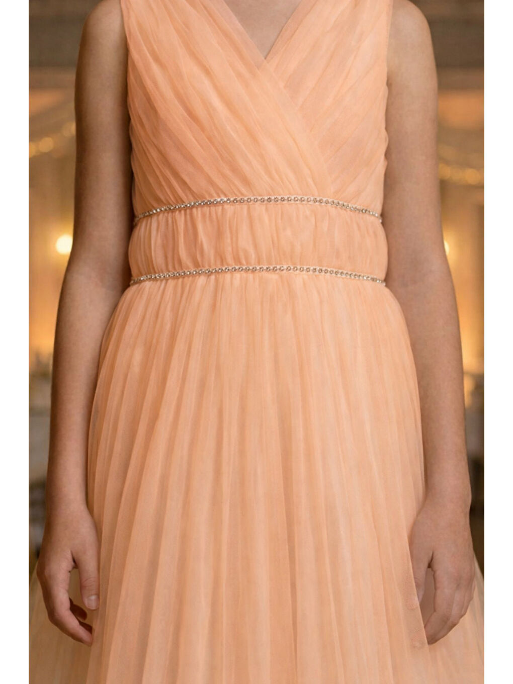 Turuncu Kız Çocuk V Yaka Beli Taş İşleme Detaylı Tüllü Uzun Abiye  ABY2027-1