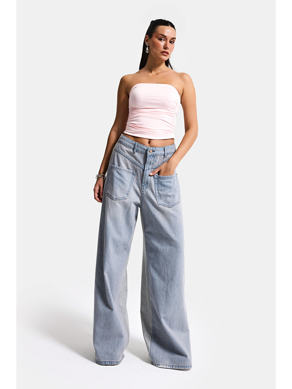 Kadın Gri Jean 2s6-89 Mega Baggy Çift Parça Önden Cepli Tasarım Denim Jean-5