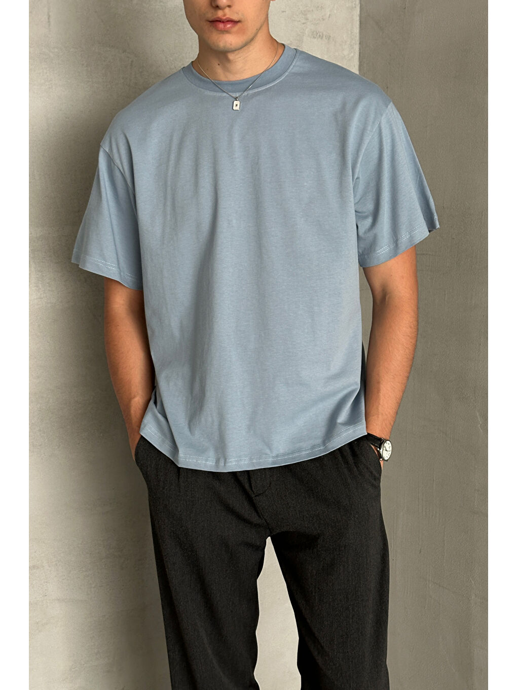 Mavi Erkek %100 Pamuk Oversize Basic T-shirt-3