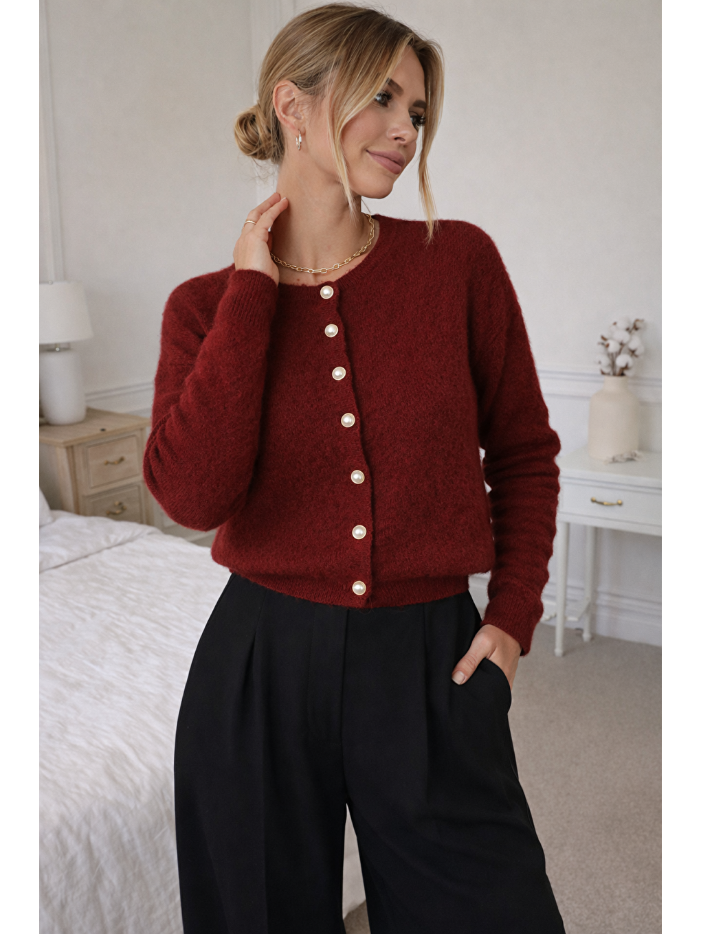 Bordo Kadın İnci Düğmeli Yumuşak Dokulu Kaliteli Triko Yumoş Hırka-2