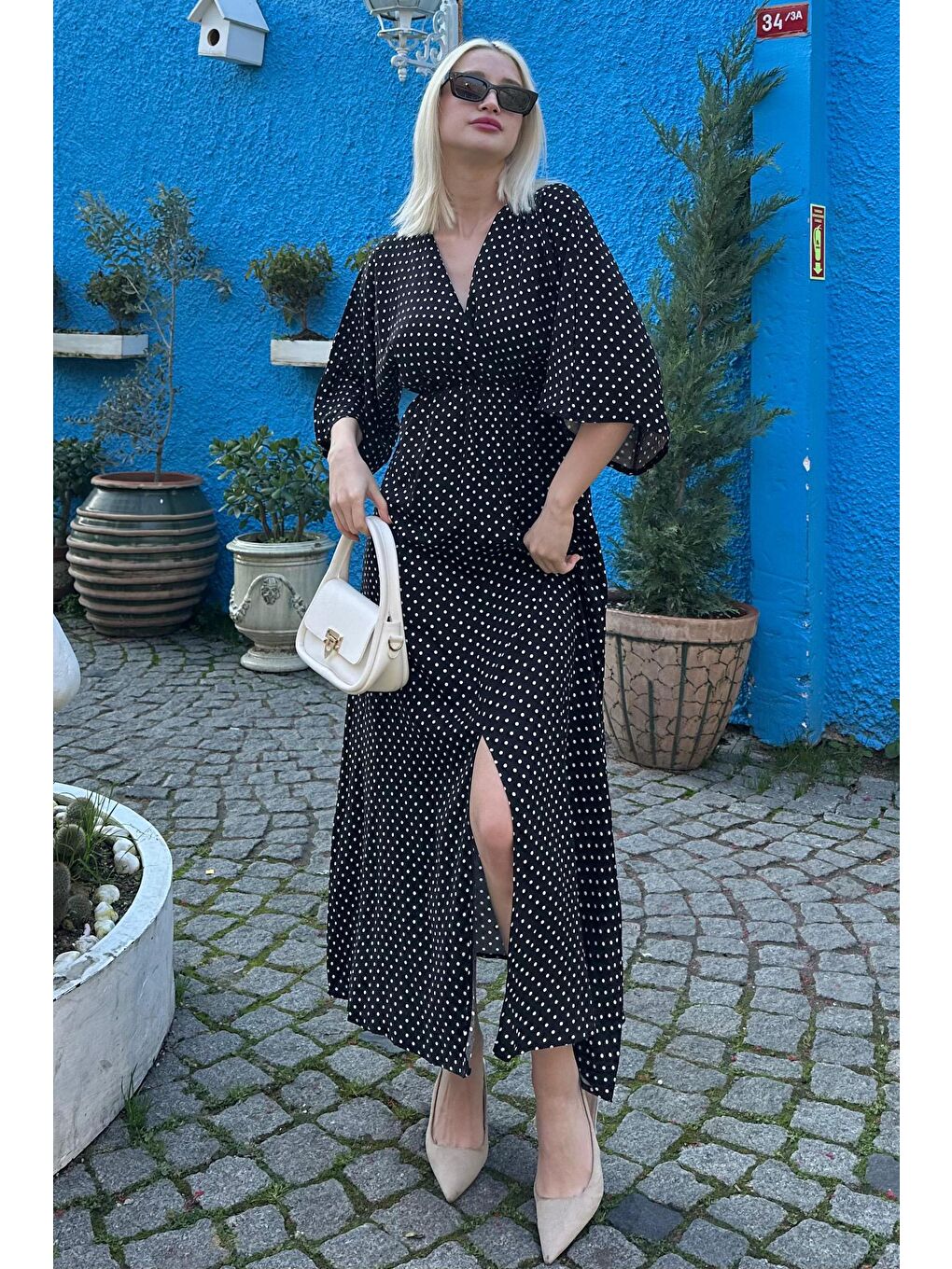 Siyah Desenli Yırtmaç Detaylı Uzun Elbise Mg2321-1