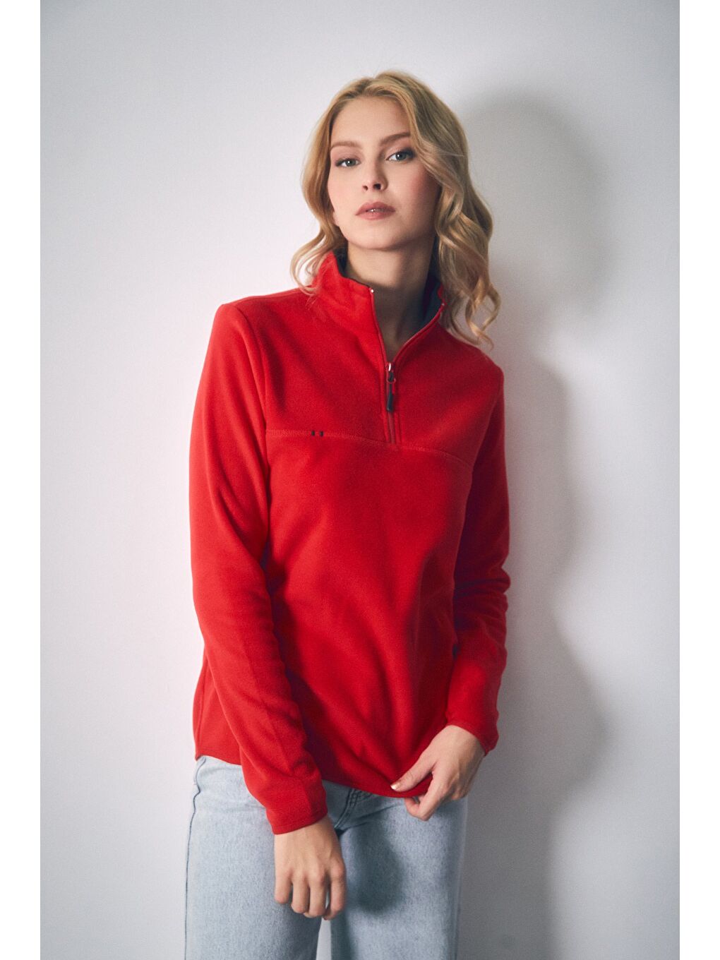 Fullamoda Kırmızı Basic Yarım Fermuarlı Dik Yaka Polar Sweatshirt