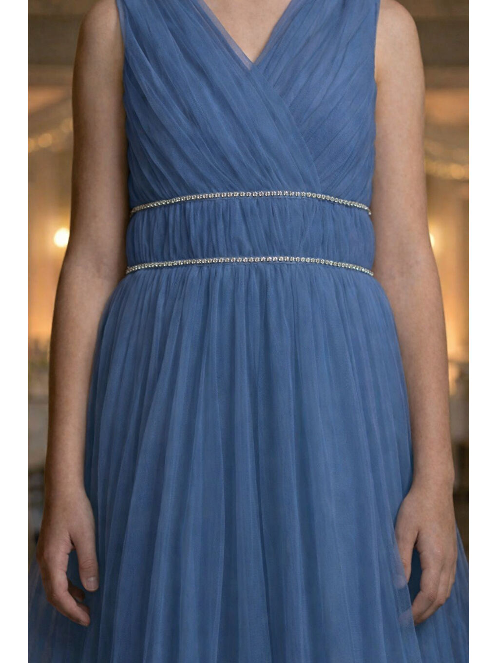 Mavi Kız Çocuk V Yaka Beli Taş İşleme Detaylı Tüllü Uzun Abiye  ABY2027-3