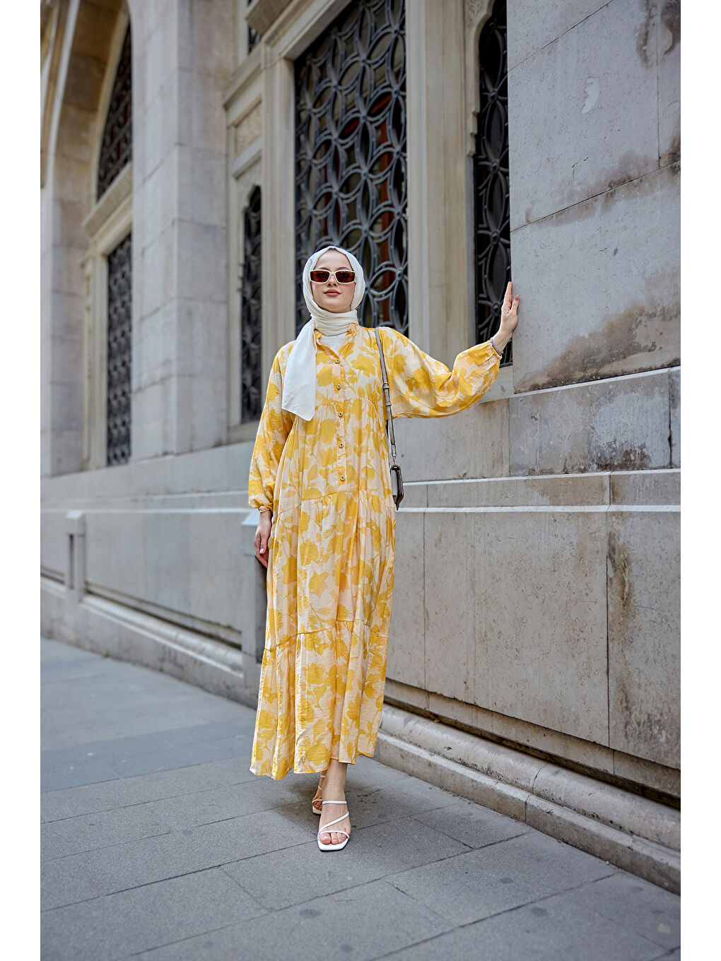 Kadın Çicek Desenli Viskon Elbise Sarı-1