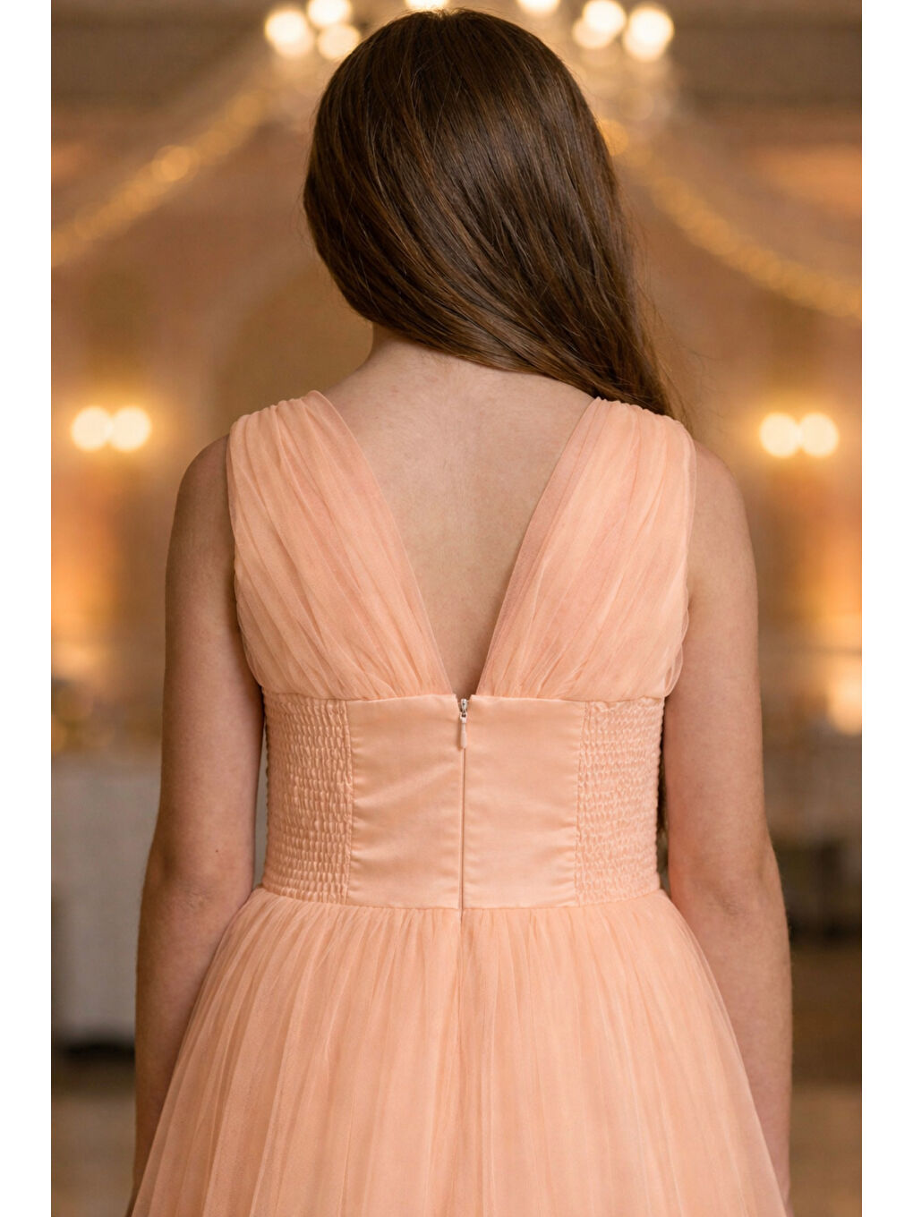 Turuncu Kız Çocuk V Yaka Beli Taş İşleme Detaylı Tüllü Uzun Abiye  ABY2027-2