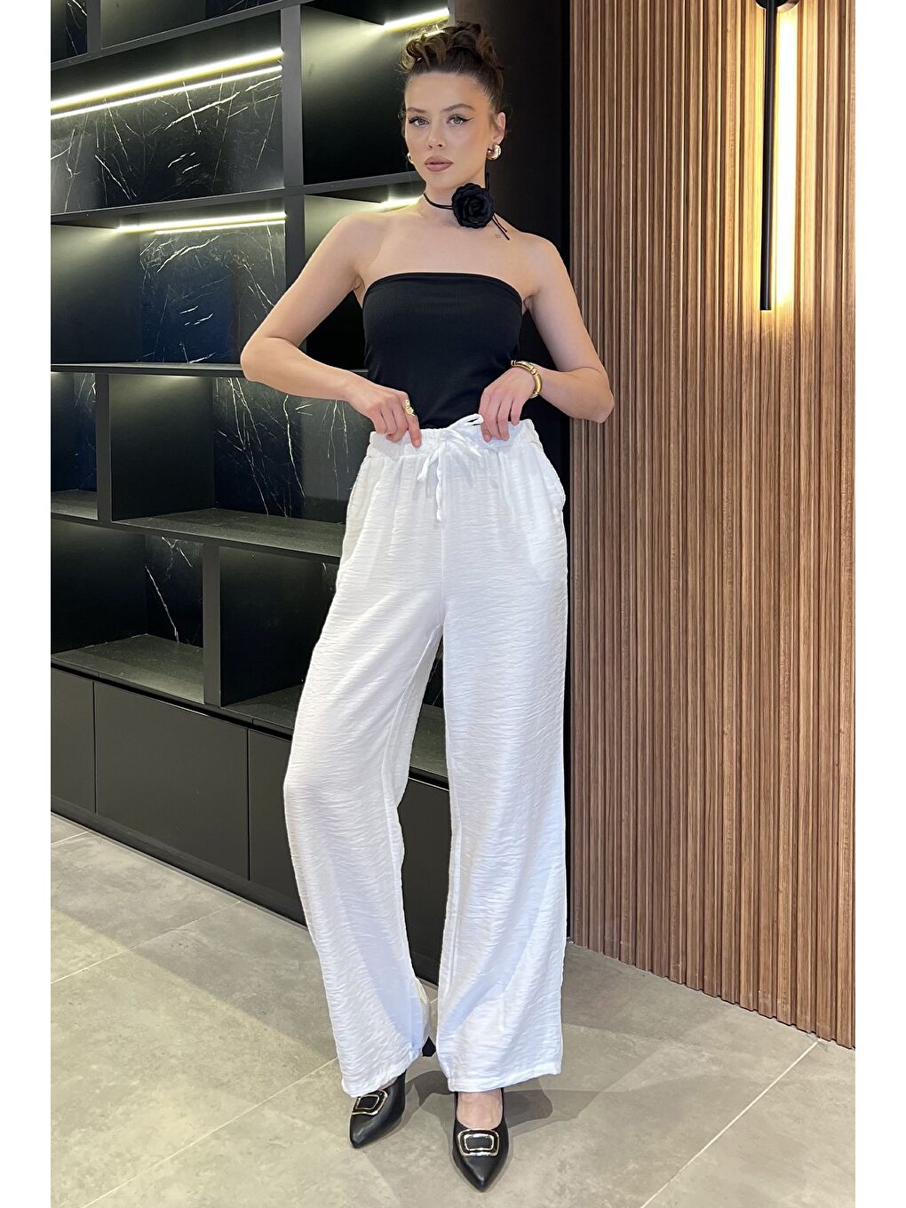 Beyaz Kadın Yüksek Bel Cep Taşlı Palazzo Pantolon-1