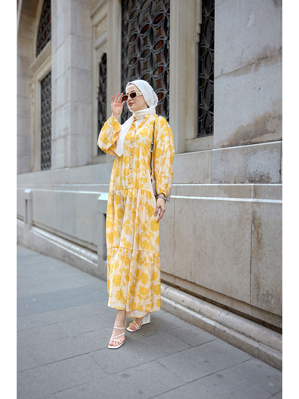 Kadın Çicek Desenli Viskon Elbise Sarı-2