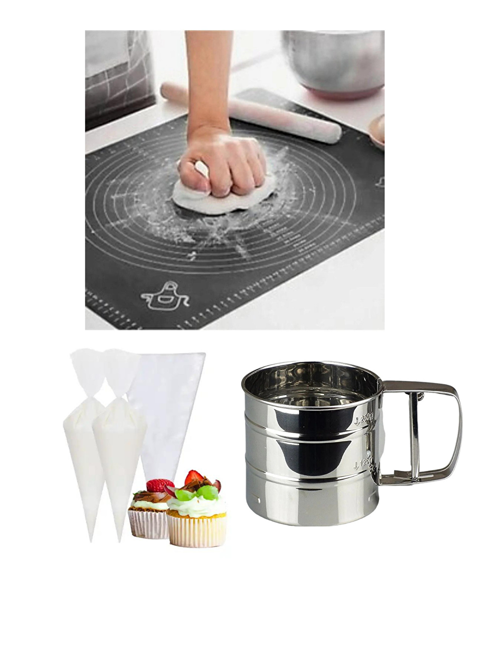 Gri 45x65 cm Silikon Hamur Açma Matı Çelik Un Eleği ve Kullan At Krema Sıkma Torbası Seti