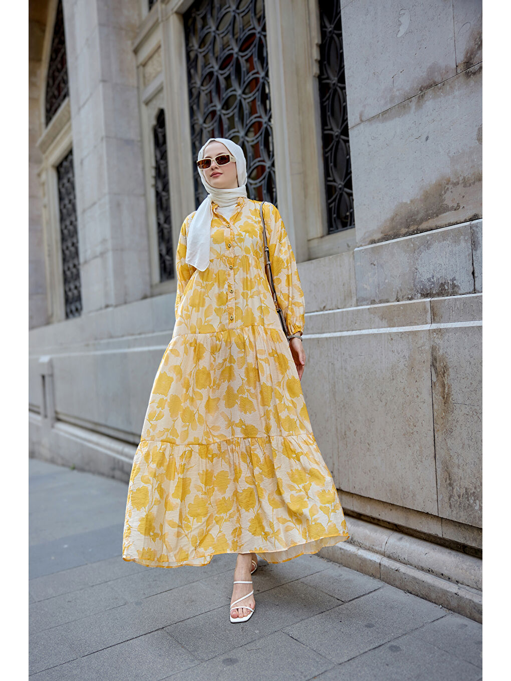 Kadın Çicek Desenli Viskon Elbise Sarı-3