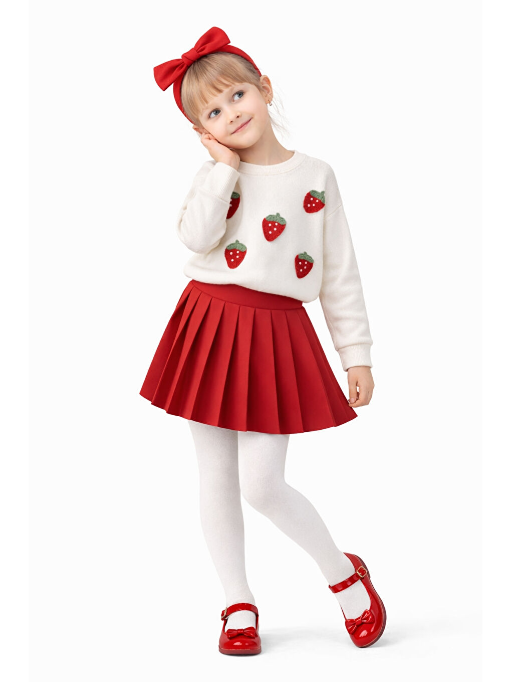 Kırmızı Kız Çocuk Çilek Desenli Üst Pileli Etek Kombin Ak14527-1