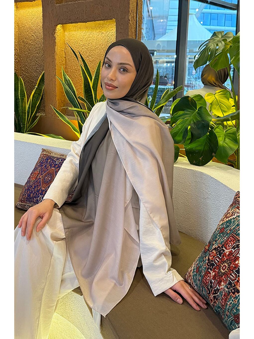 Bej Degrade Desen Soft Şal Taş Yeşil