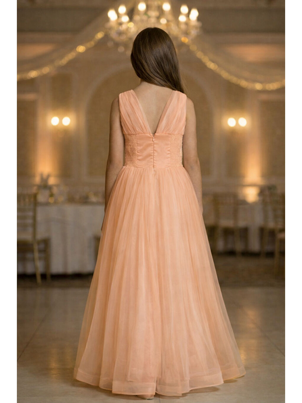 Turuncu Kız Çocuk V Yaka Beli Taş İşleme Detaylı Tüllü Uzun Abiye  ABY2027-3