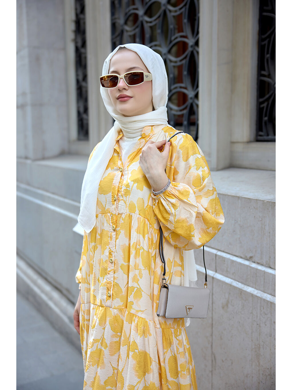 Kadın Çicek Desenli Viskon Elbise Sarı-4