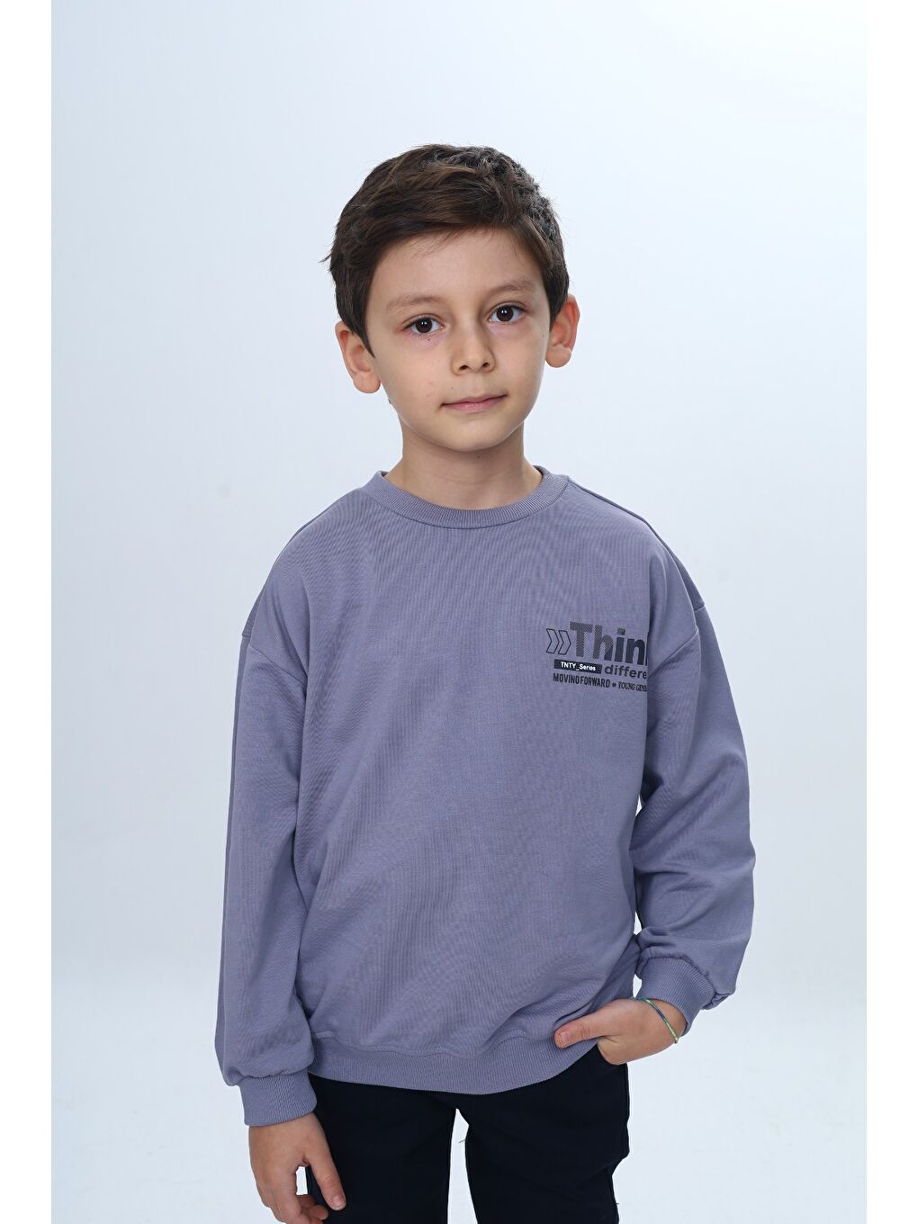 Gri Erkek Çocuk Düşük Omuz Relax Fit Bisiklet Yaka Baskılı Sweatshirt