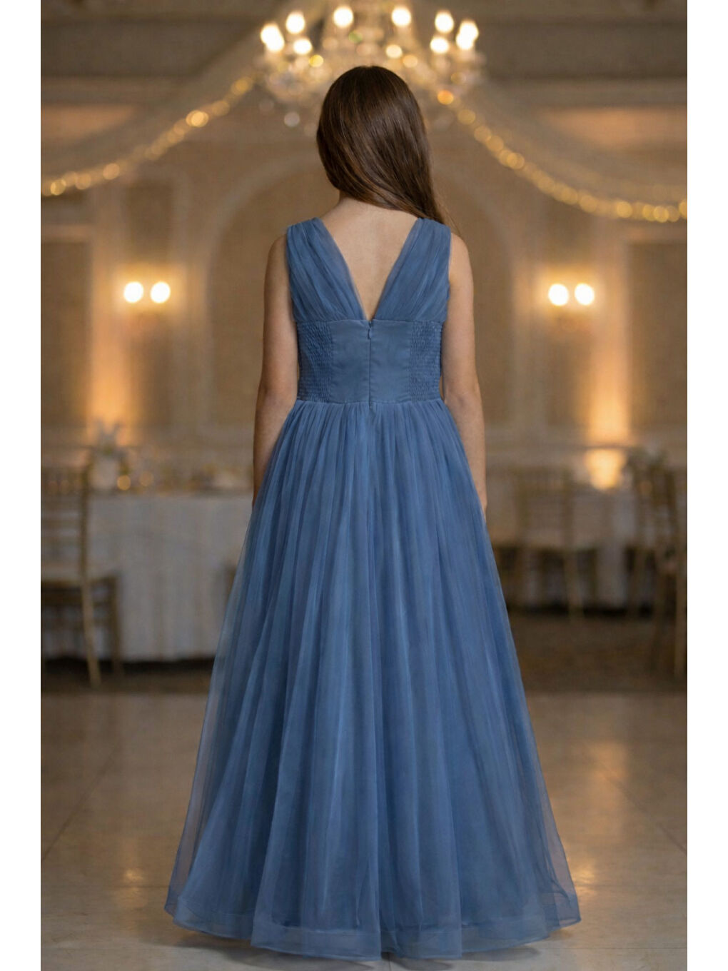 Mavi Kız Çocuk V Yaka Beli Taş İşleme Detaylı Tüllü Uzun Abiye  ABY2027-5