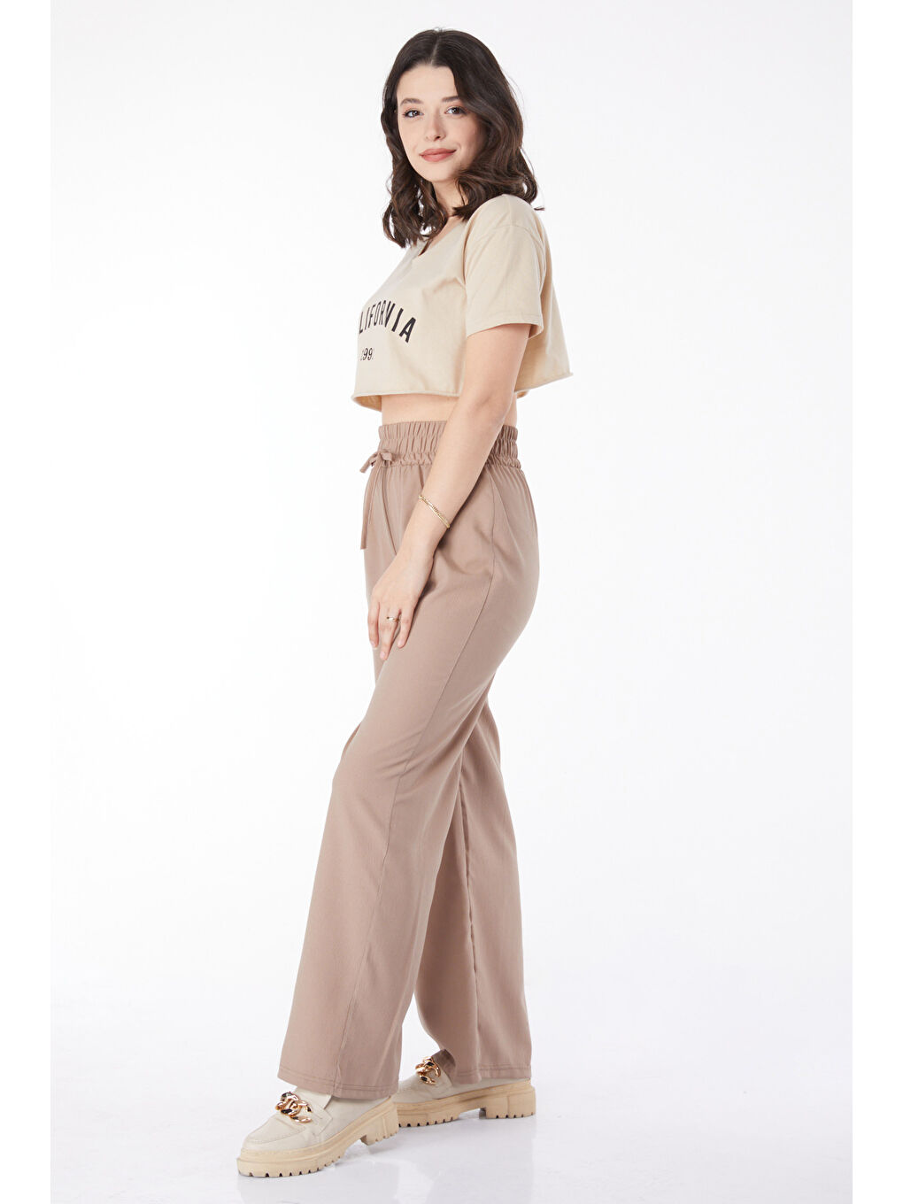 Bej Beli Lastikli Pantolon Vizon - 27074-2