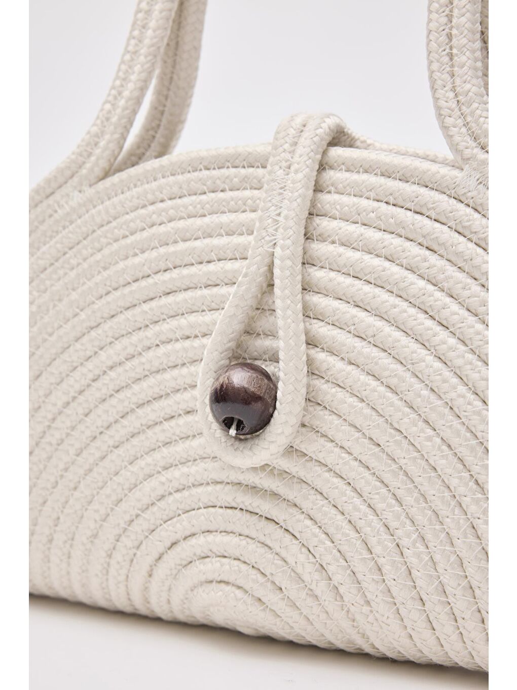 Ekru Paper Düğmeli Handmade Hasır Omuz Çantası Krem-5