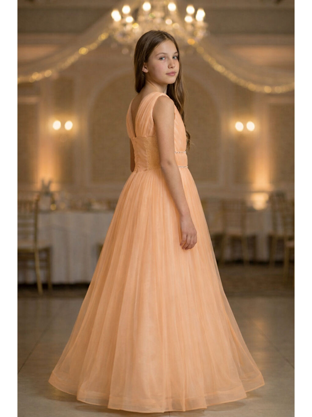 Turuncu Kız Çocuk V Yaka Beli Taş İşleme Detaylı Tüllü Uzun Abiye  ABY2027-4