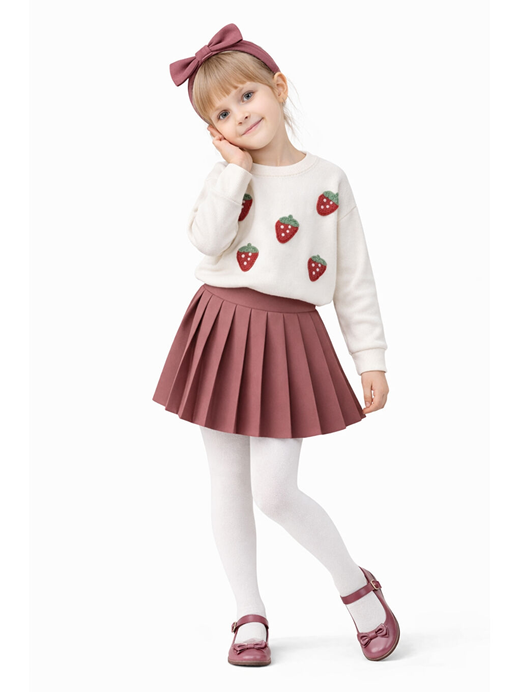 Pembe Kız Çocuk Çilek Desenli Üst Pileli Etek Kombin Ak14527-1