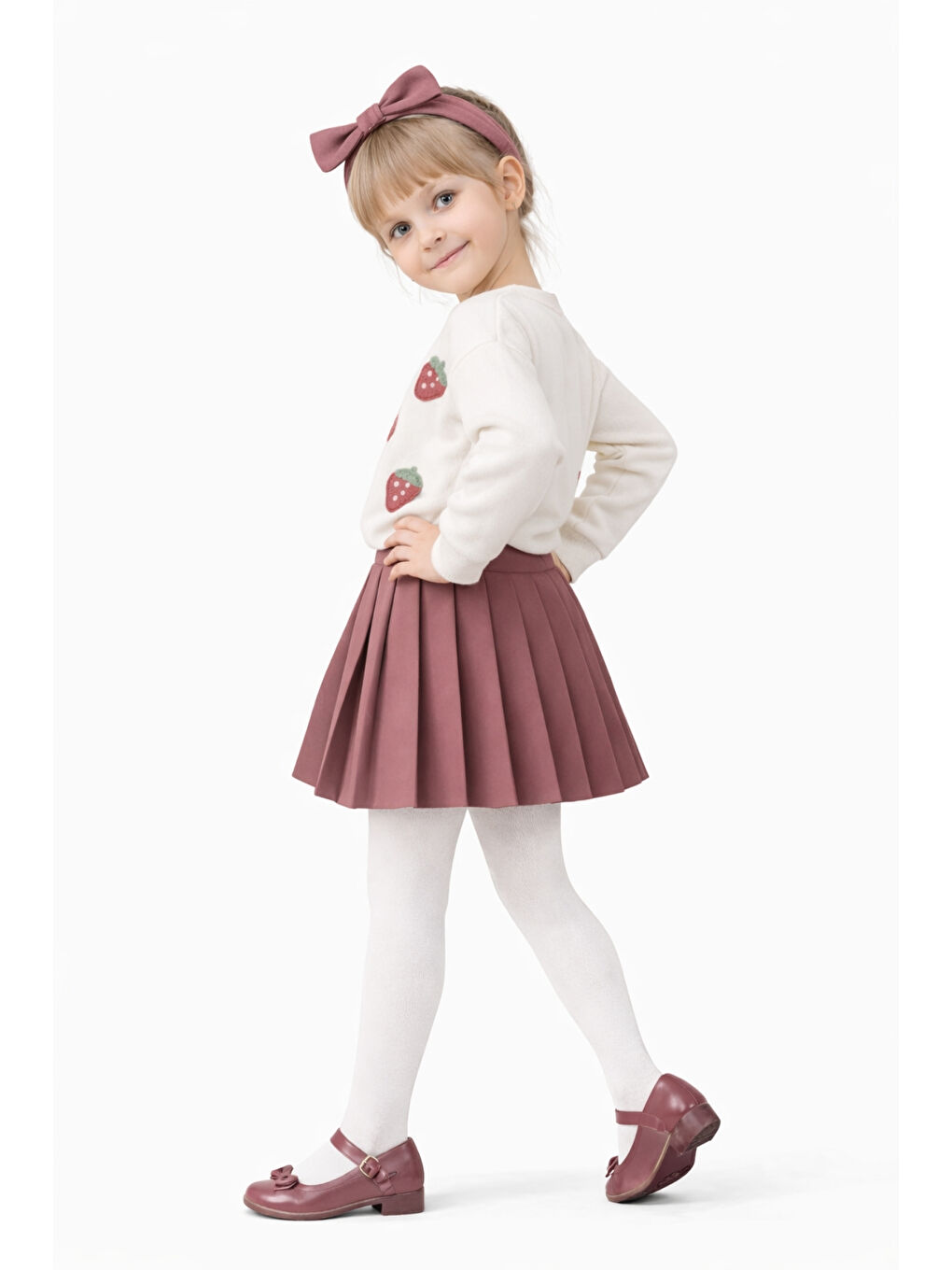 Pembe Kız Çocuk Çilek Desenli Üst Pileli Etek Kombin Ak14527-2